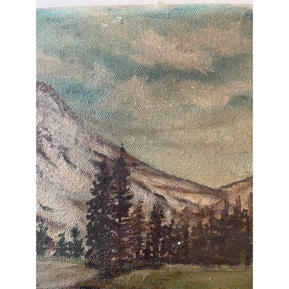 Vintage Distressed Charm Moody Mountain Landscape Oil Painting on Canvas 12"x16" - Picture 5 of 15